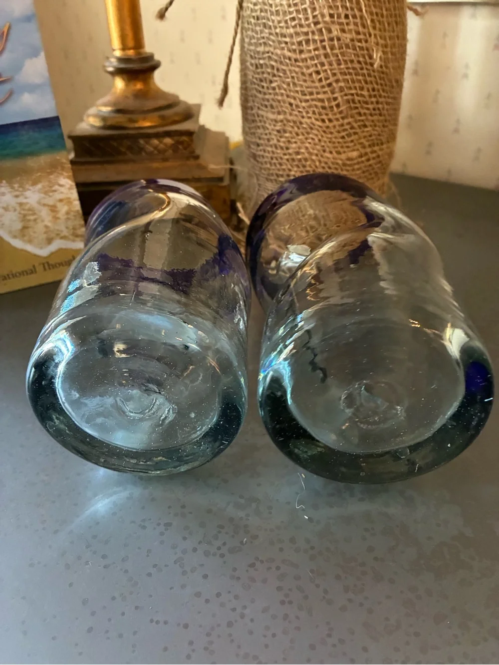 Set of 2 COBALT BLUE rim MEXICAN hand blown THICK glass tumblers. 5.5 inches.